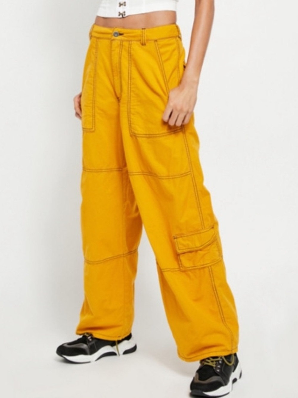 Free People Wide Leg Cargo Pants in Mustard Yellow